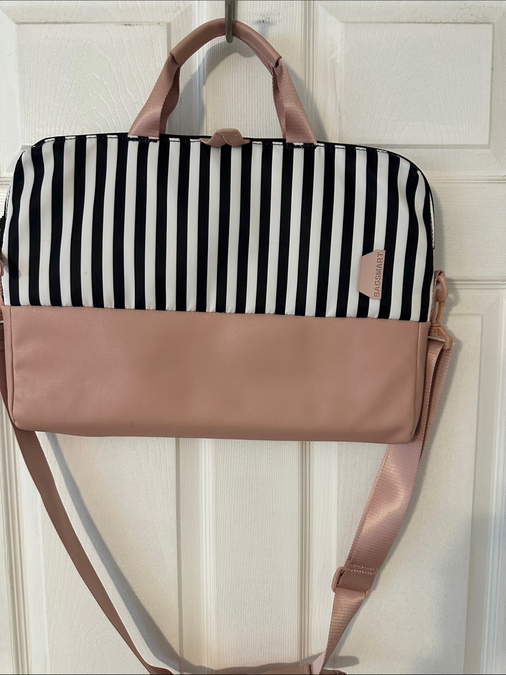 Striped Black & White and Blush Pink Laptop Tote